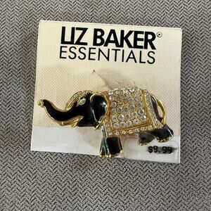 Liz Baker Essentials Gold Tone Black Enamel Rhinestone Elephant Brooch Pin NWT